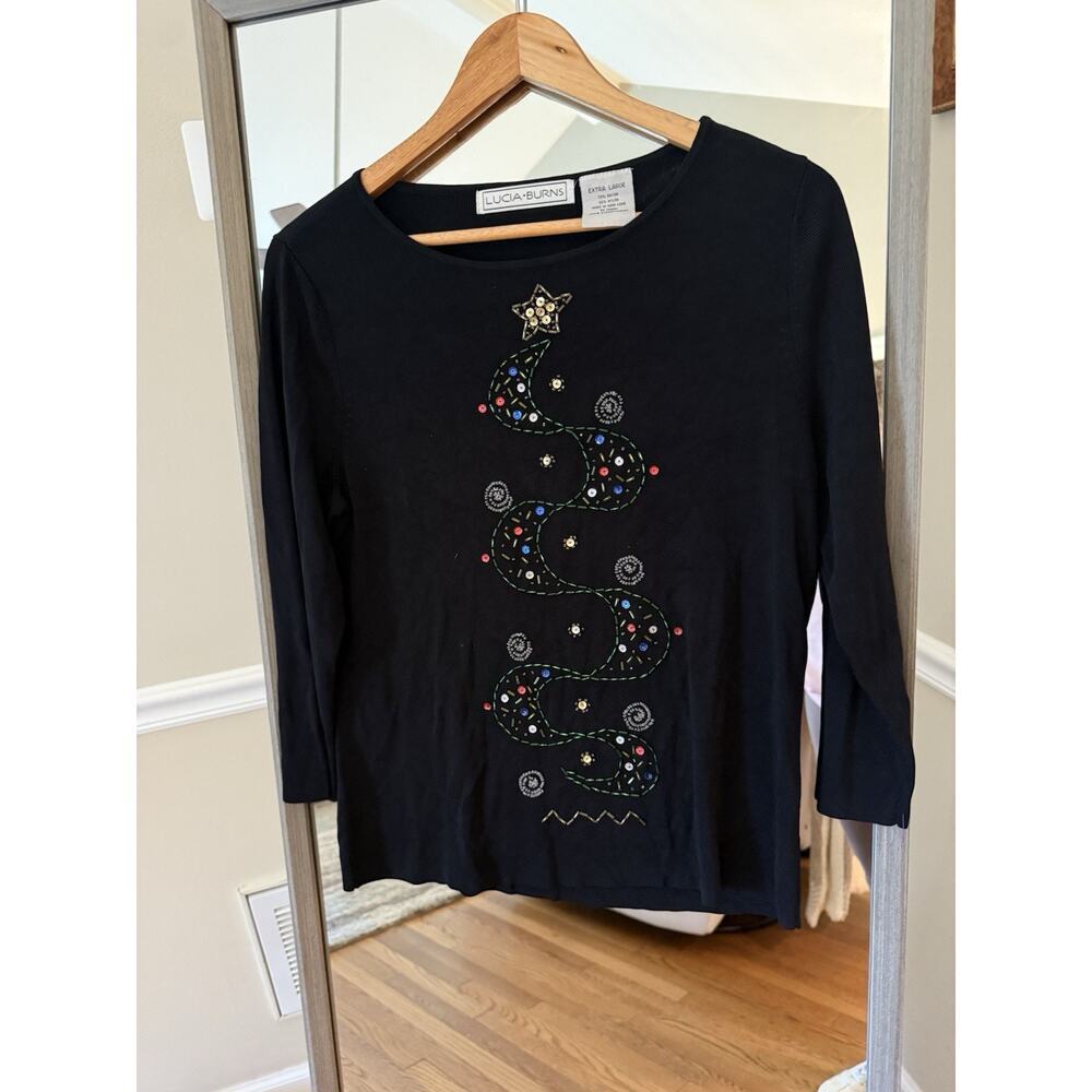 Lucia Burns - Black Tree Star Holiday Christmas‎ Beaded Rayon Knit TOP Size XL
